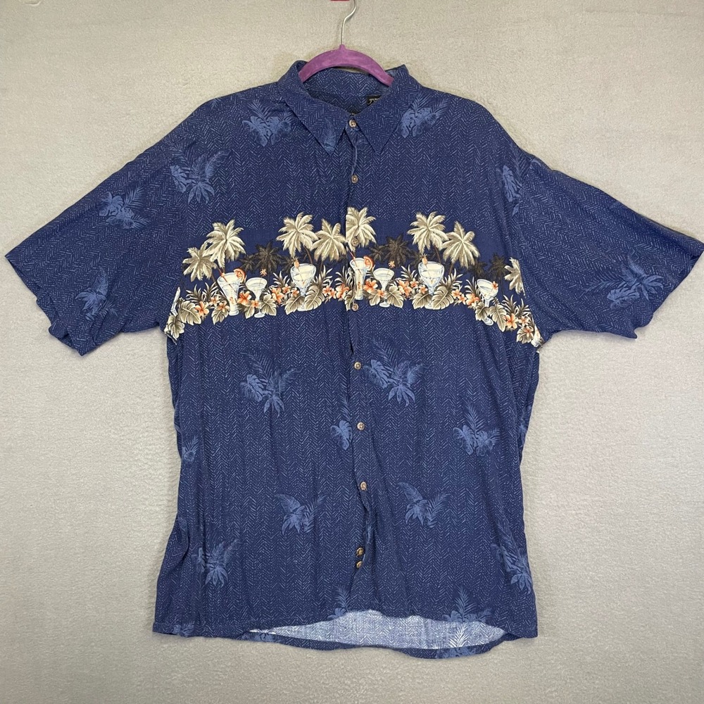 Pierre Cardin Hawaiian Shirt Mens XL Blue Palm Tree Cocktail Rayon Button Down